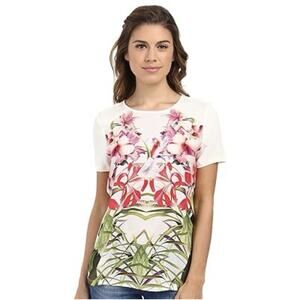 Ted Baker Renella Top, Floral Graphic, Ivory, Polyester Viscose Tee Blouse